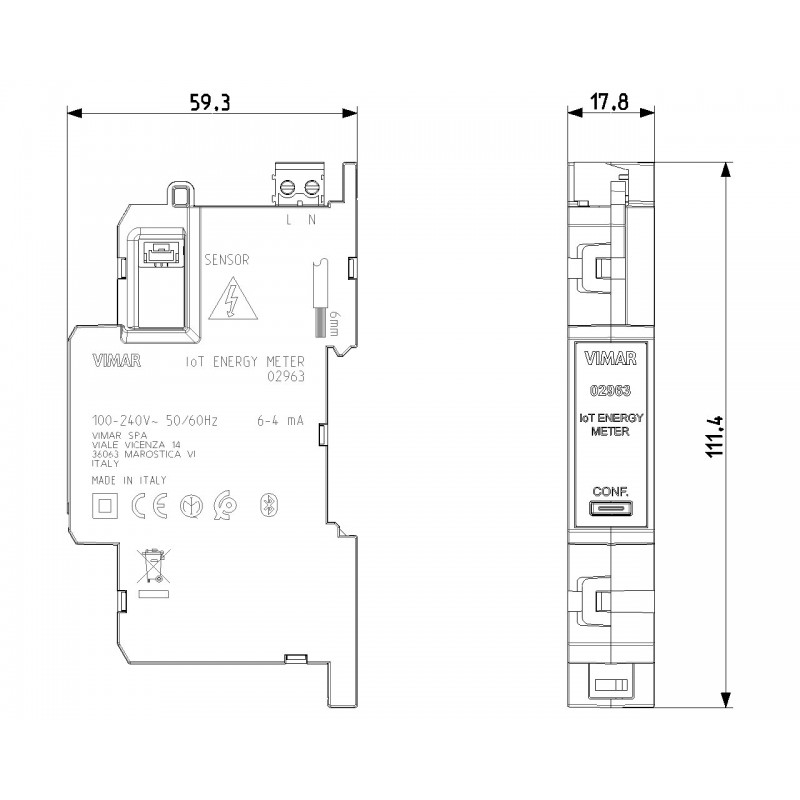 Compteur d'énergie Connecté IoT Monophasé 02963 Vimar