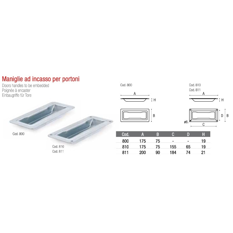 Poignée à Encaster pour Portes Industrielles Adem 800 810 811